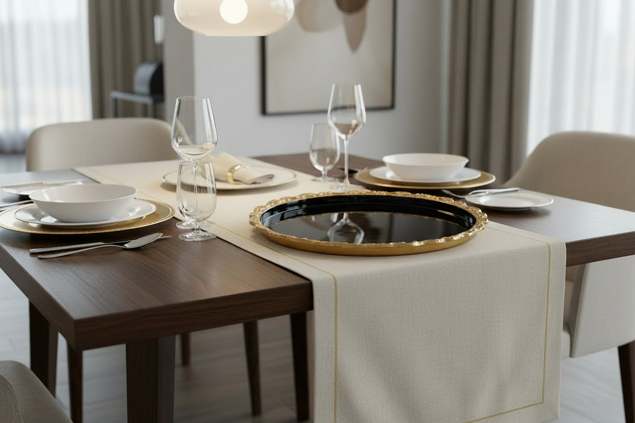 Decorative black tray with gold rim on a white background