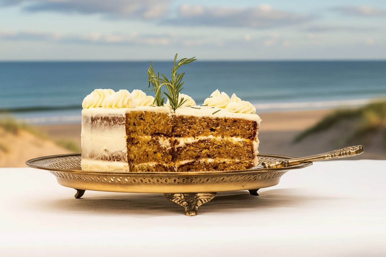 Layered cake with white frosting and a sprig of rosemary on a decorative gold plate against a light background