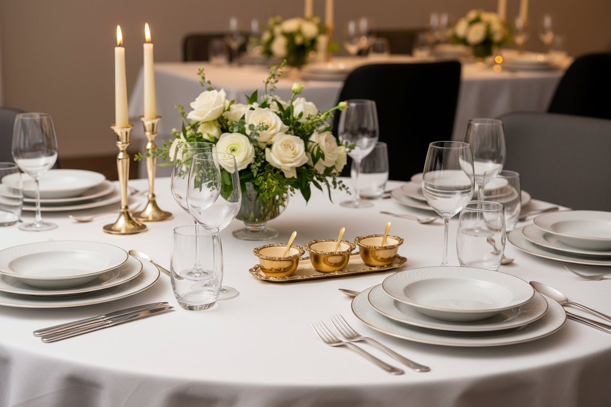 Three gold bowls with spoons on a decorative tray against a white background