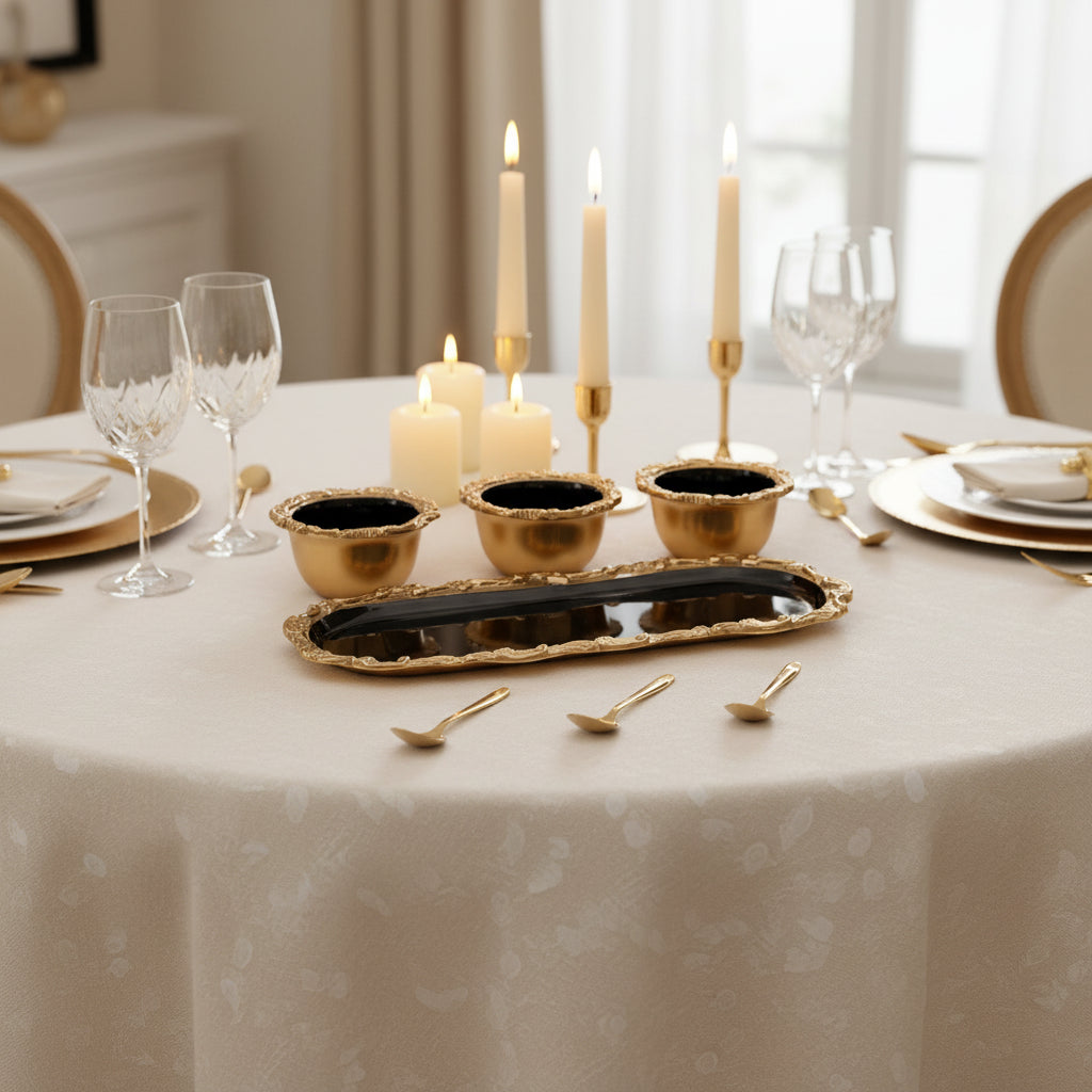 Set of gold serving pieces including three cups, a tray, and three spoons on a white background.