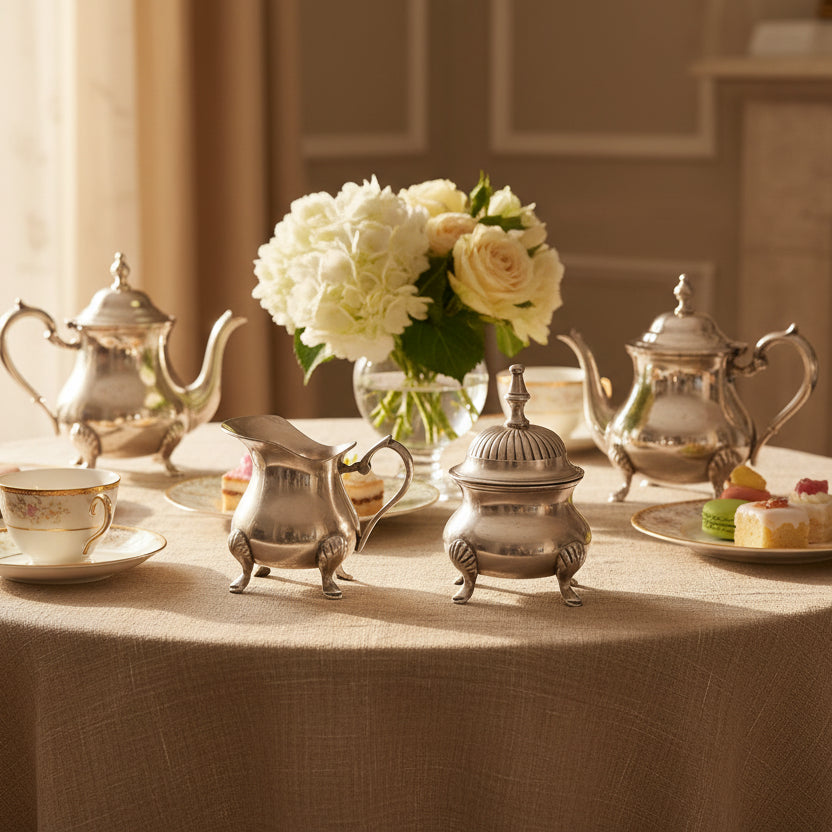 Two silver creamer and sugar bowl sets on a white background