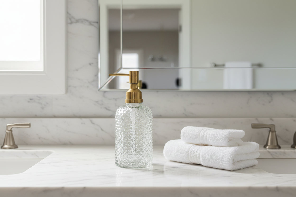 Glass soap dispenser with textured design and brass pump on a white background