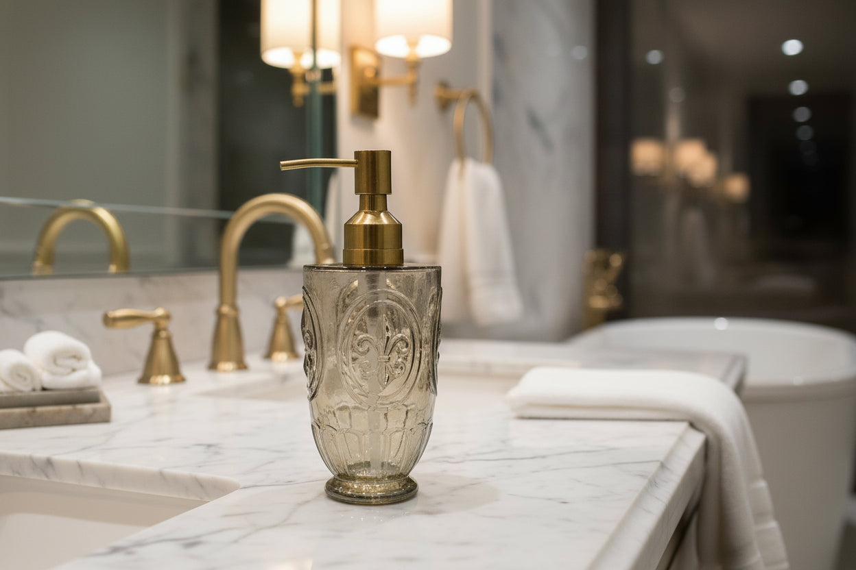 Decorative soap dispenser with a gold pump on a white background