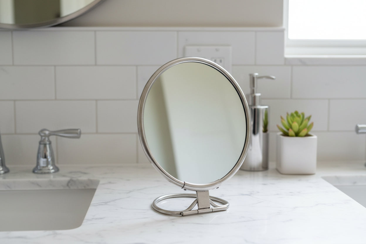 Small round mirror on a stand with a blurred green background