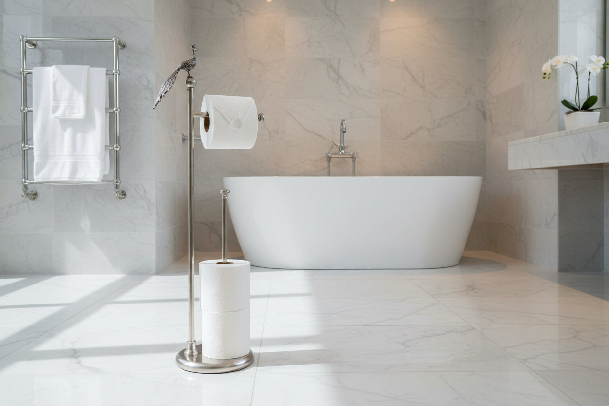 Toilet paper holder with two rolls of toilet paper on a white background