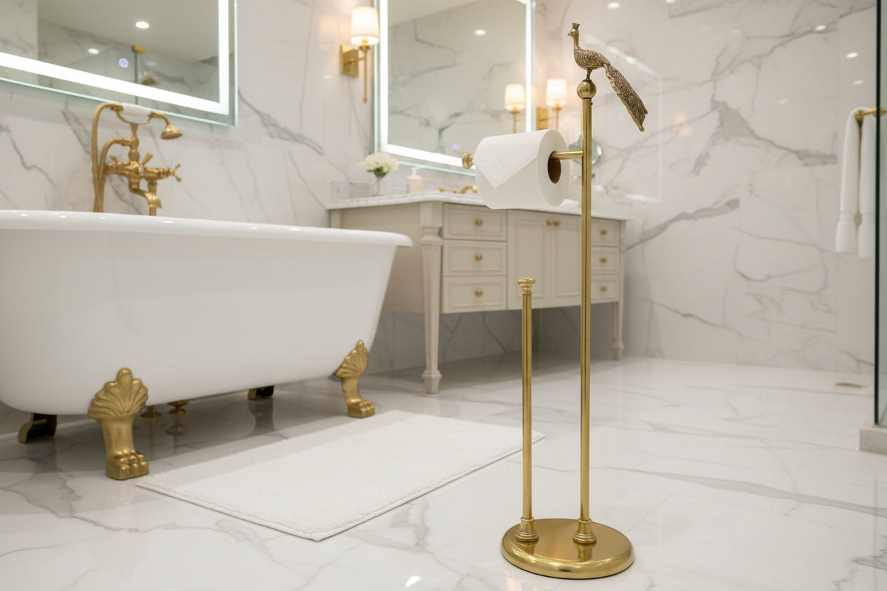 Gold toilet paper holder with peacock design on a white background