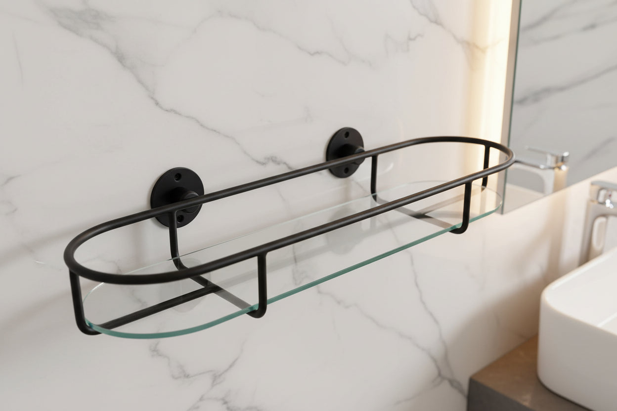 Glass shelf with black metal brackets on a white background