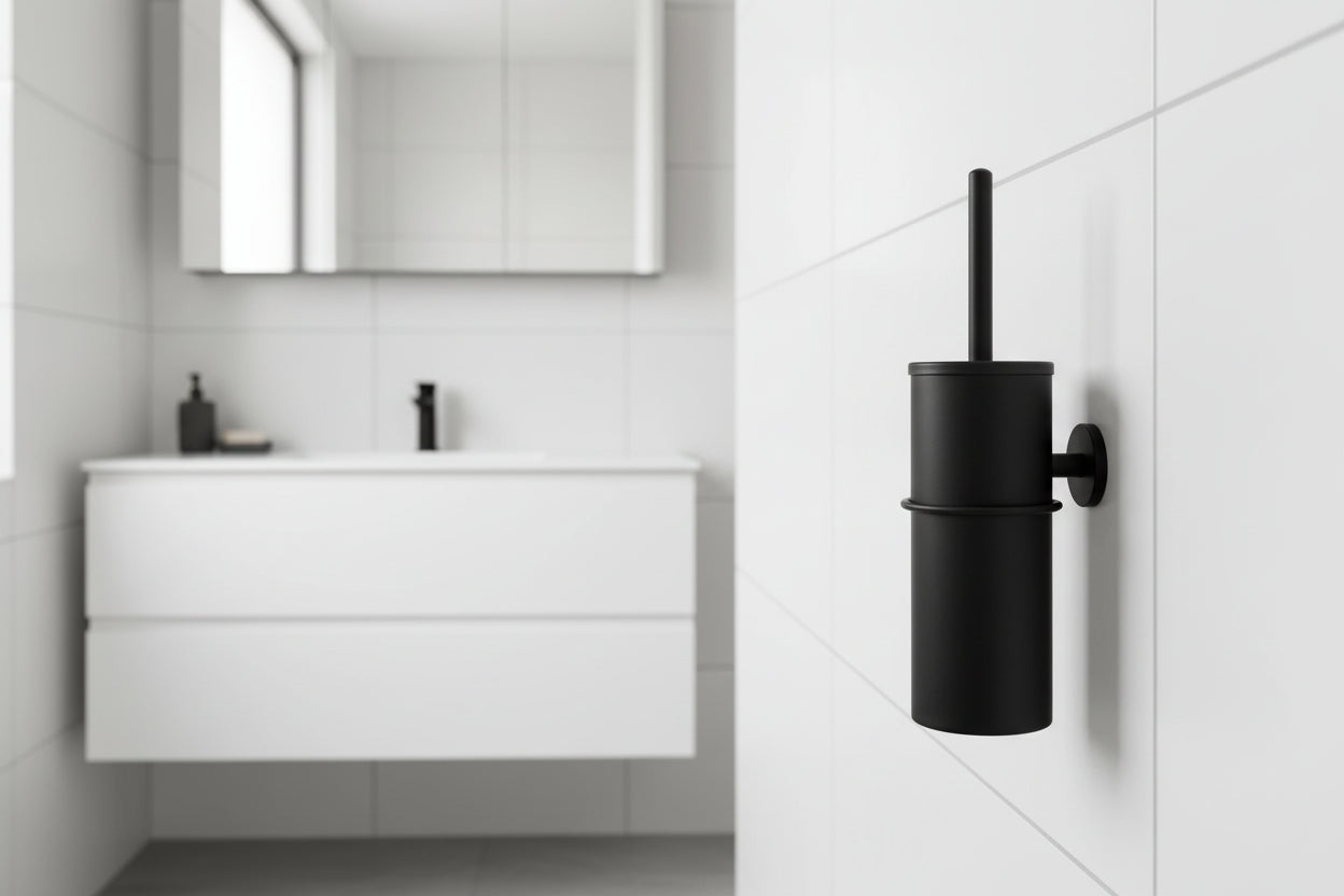 Black cylindrical toilet brush holder