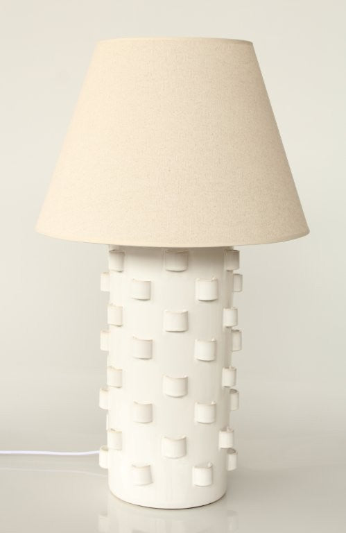 Tall White Ceramic Curly Lamp Base With Beige Shade