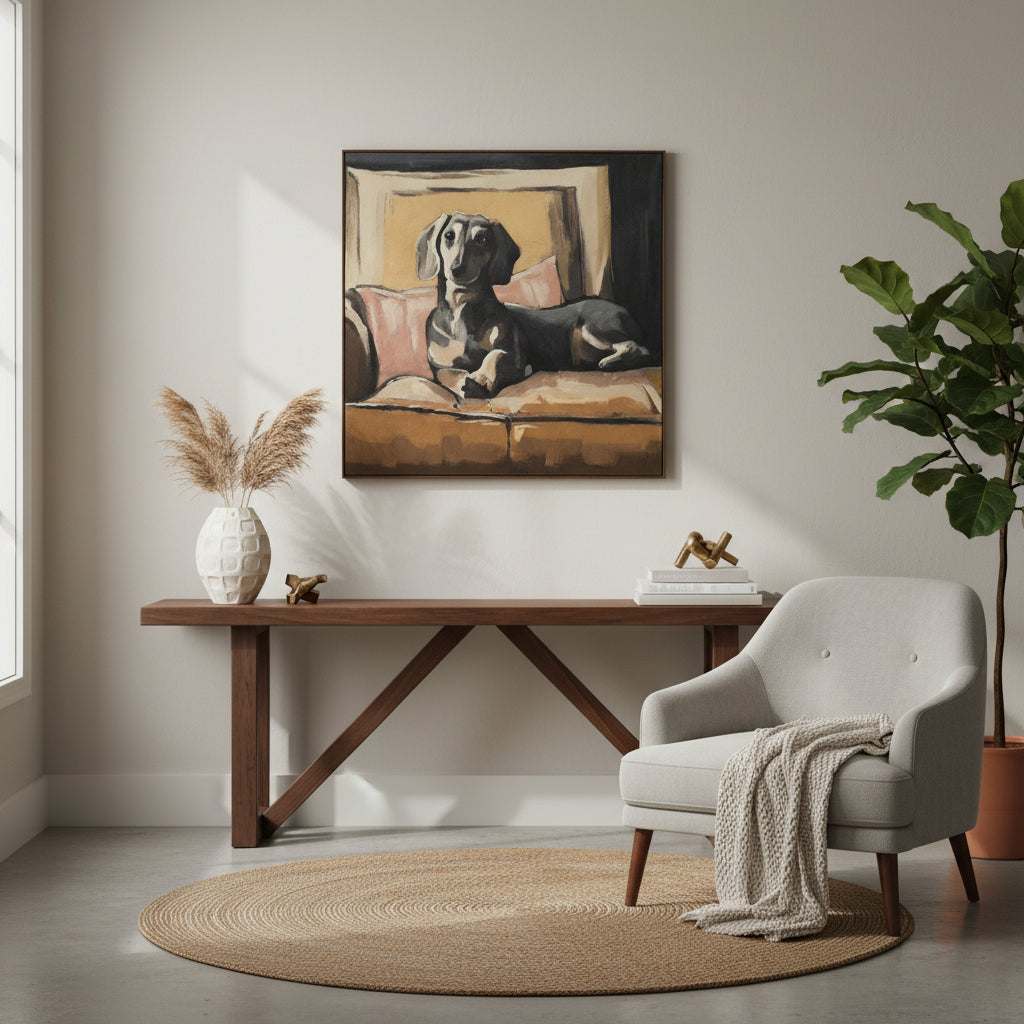 A square canvas painting depicting a black and white dachshund lying on a brown couch with pink pillows, shown against a plain white background.