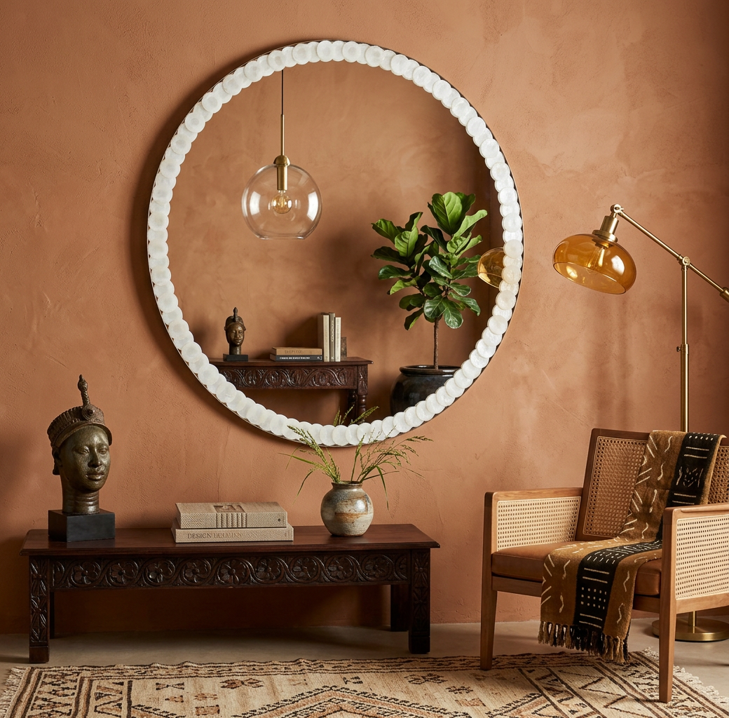 LARGE ROUND METAL MIRROR WITH CAPIZ DETAIL