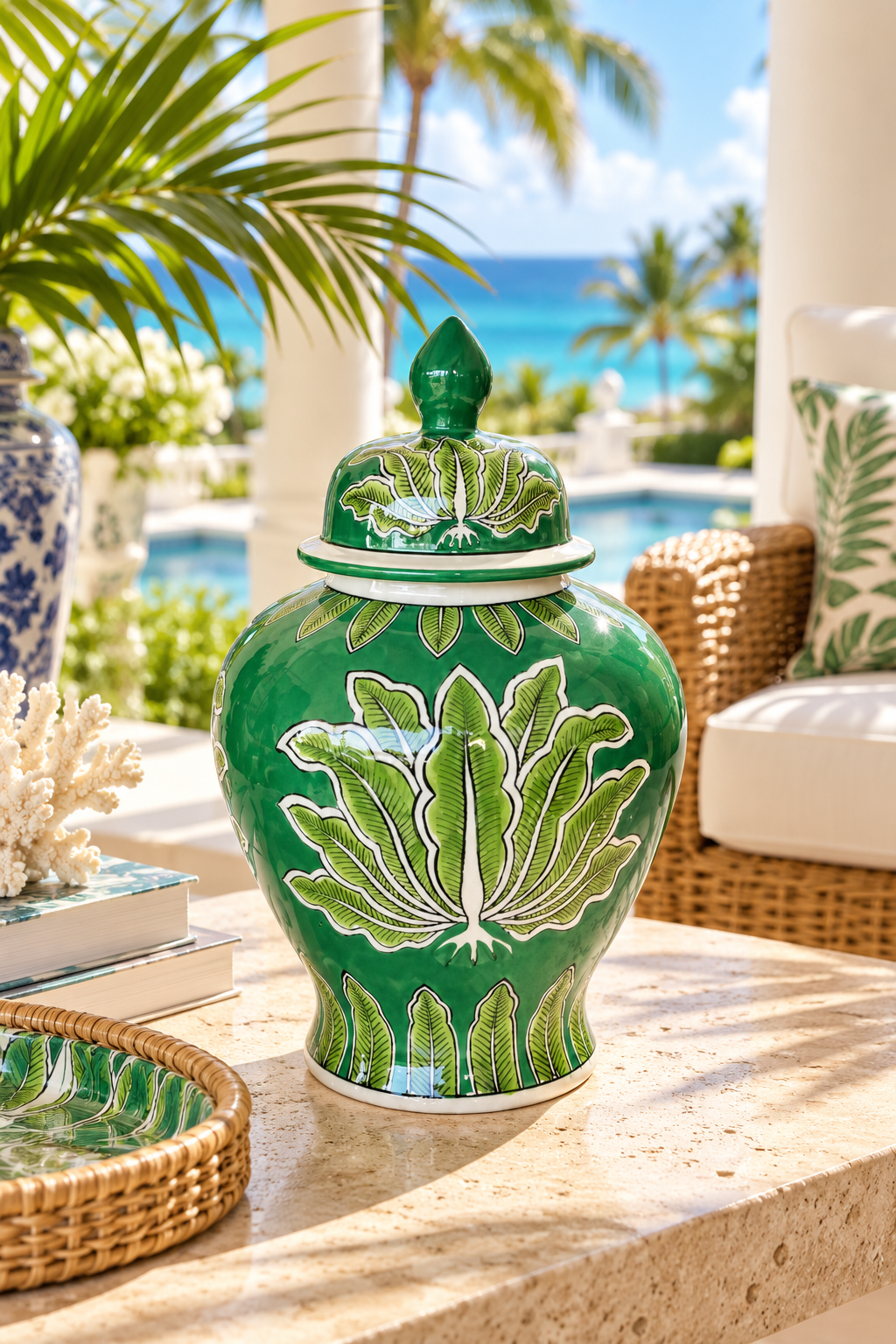 EXTRA LARGE GREEN PALM LEAF GINGER JAR
