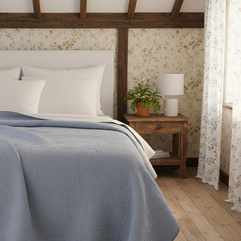 A close-up of a light gray quilted blanket with a folded corner showing the stitched underside.