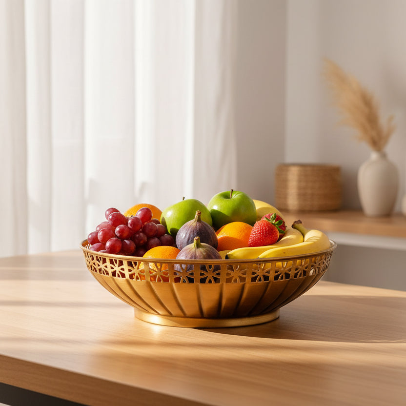 A round gold-colored metal bowl with a decorative laser-cut floral pattern around the rim and a fluted interior, shown on a plain white background.