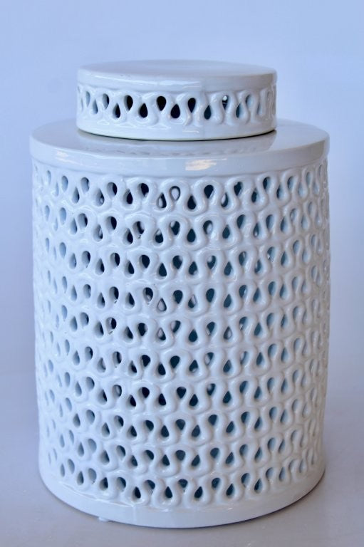Tall White Cut Out Round Jar