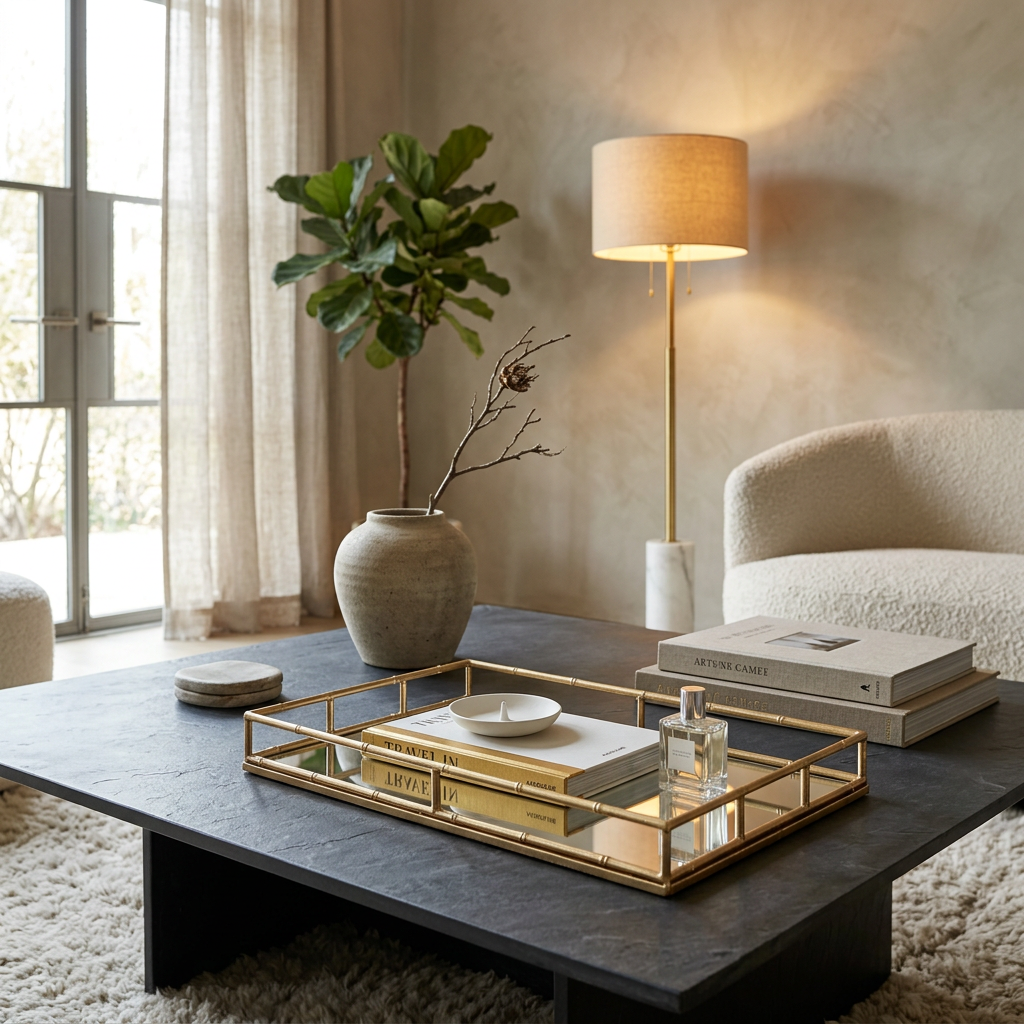 Gold Rectangular Bamboo Metal Mirror Tray