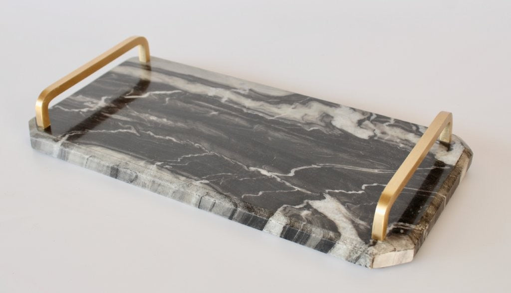 BLACK MARBLE TRAY WITH BRASS HANDLES