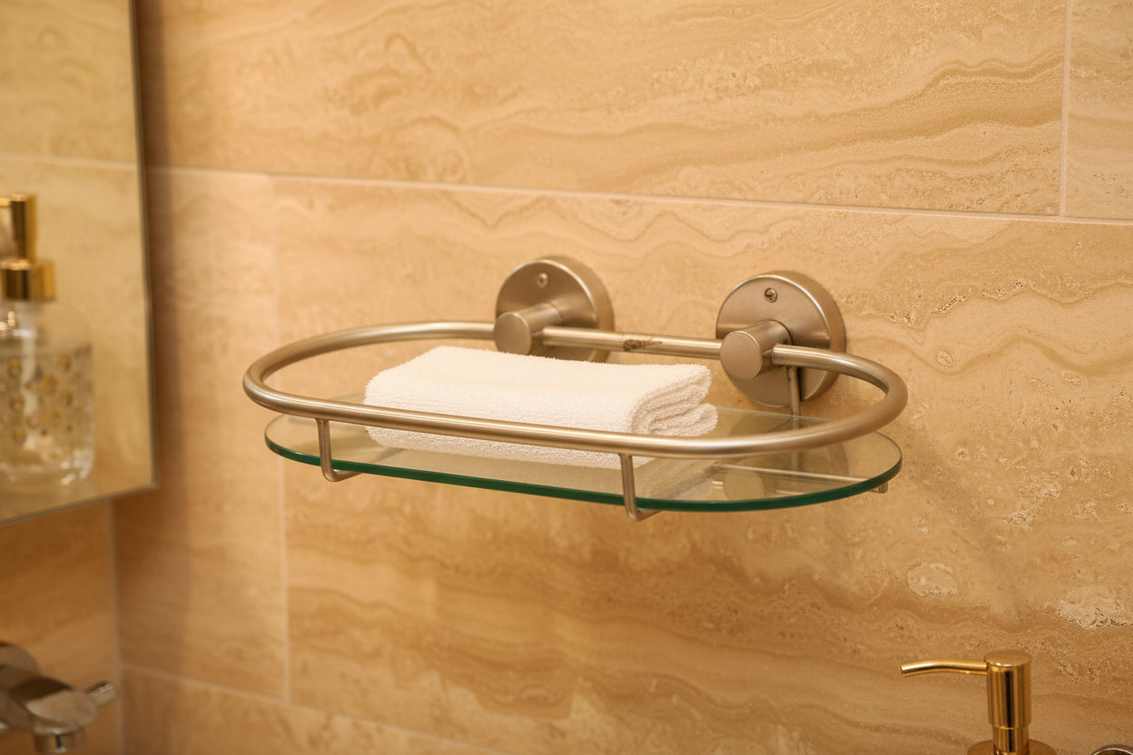 Bathroom shelf with glass front and metal frame on a white background