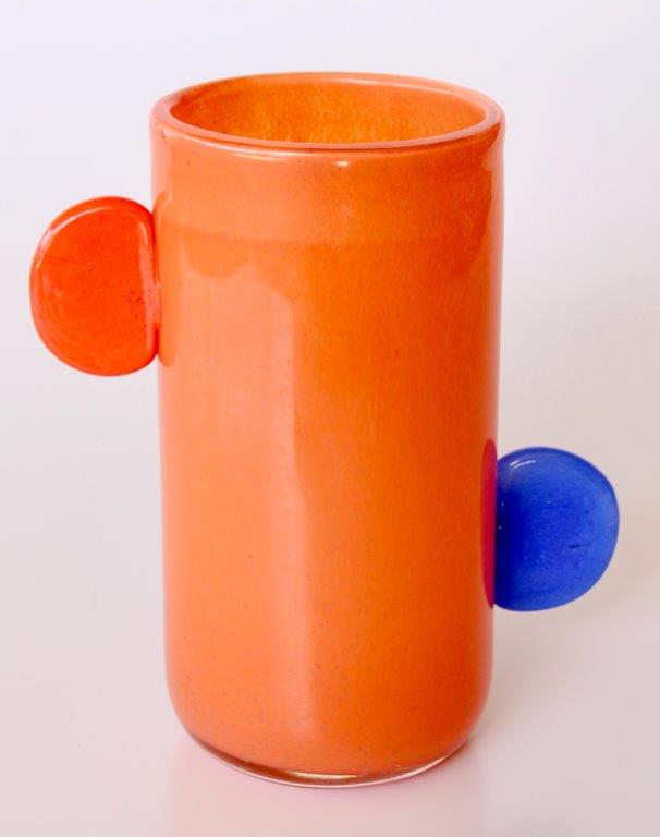 Orange Glass Vase with Orange and Blue Handles