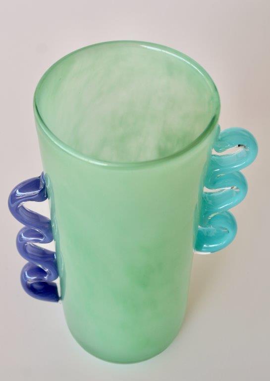 Tall Green Glass Vase with Purple and Aqua Blue Handles