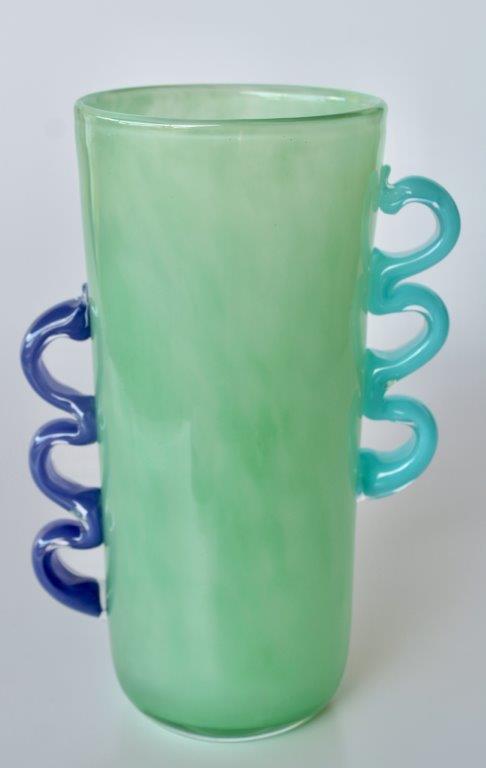 Tall Green Glass Vase with Purple and Aqua Blue Handles