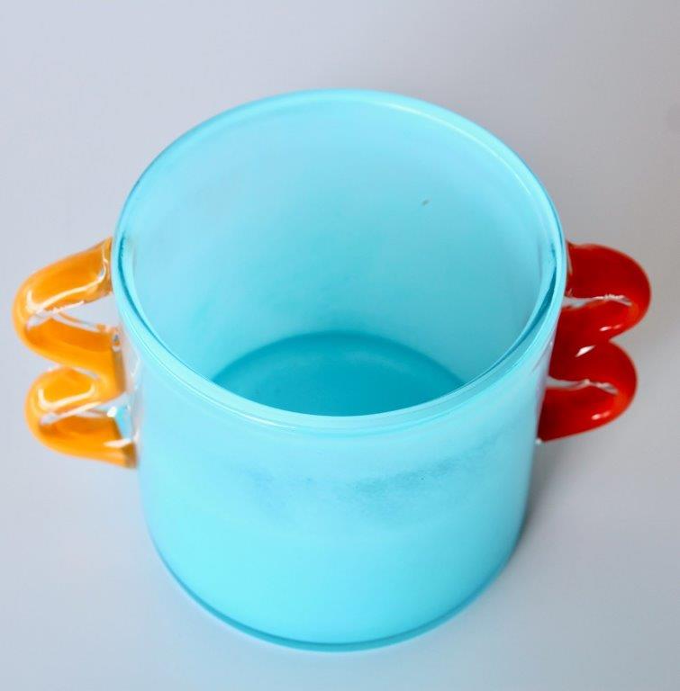 Aqua Blue Glass Vase with Orange & Red Handles