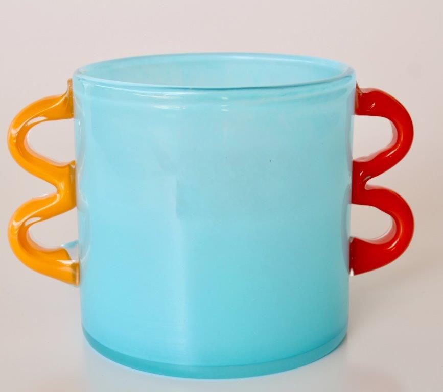 Aqua Blue Glass Vase with Orange & Red Handles