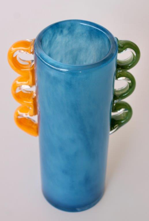 Tall Blue Glass Vase with Orange & Green Handles
