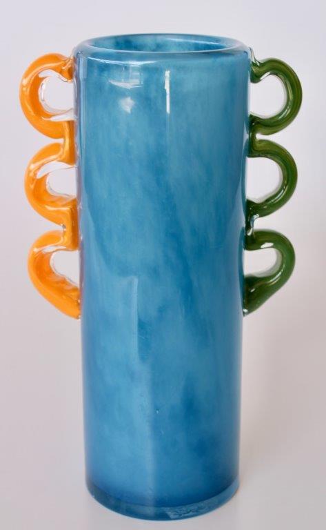 Tall Blue Glass Vase with Orange & Green Handles