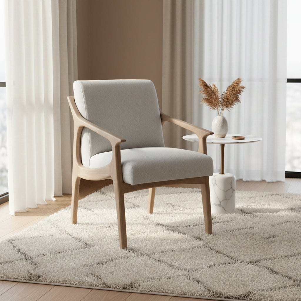 Chair with light gray cushioned seat and backrest on a white background