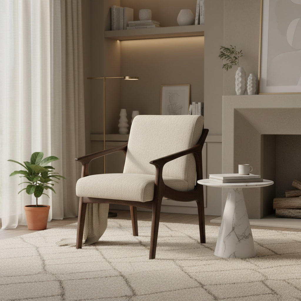 Chair with wooden frame and light gray cushion on a white background