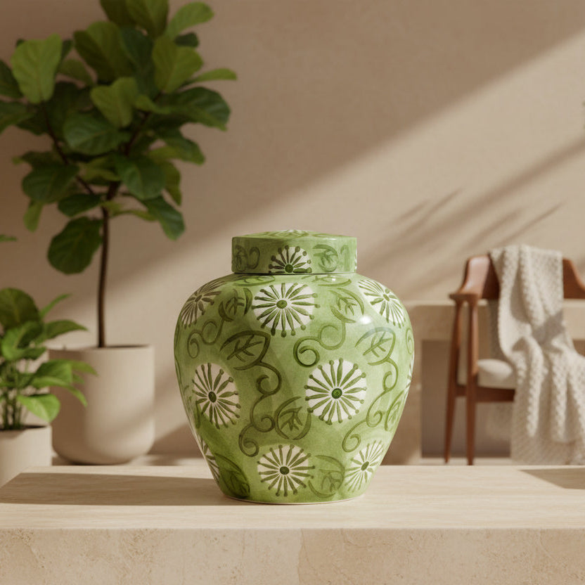 Green ceramic jar with floral patterns on a light blue background