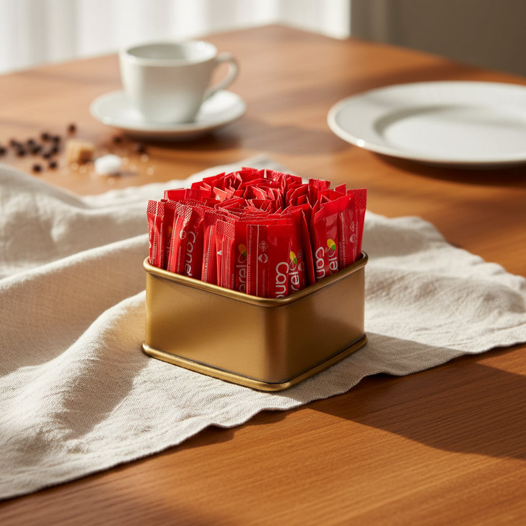 A small square metallic tin filled with red coffee sachets, photographed on a clean white background.