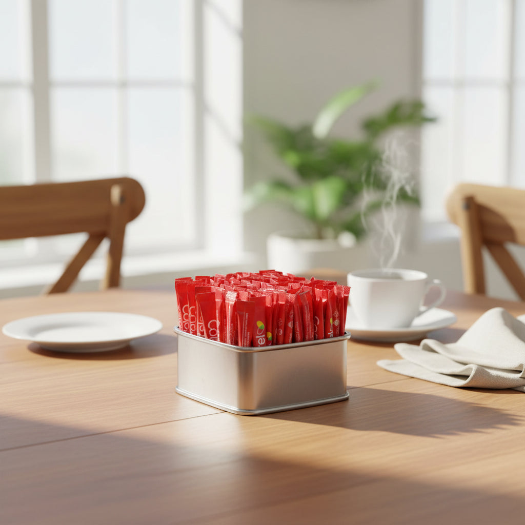 A small silver metal tin filled with many red individually wrapped packets, photographed on a plain white background.