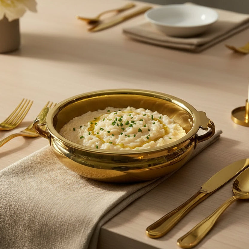 Gold bowl with handles on a white background