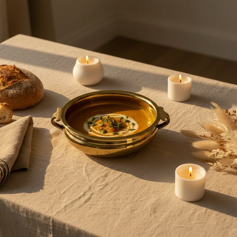 Gold bowl with handles on a white background