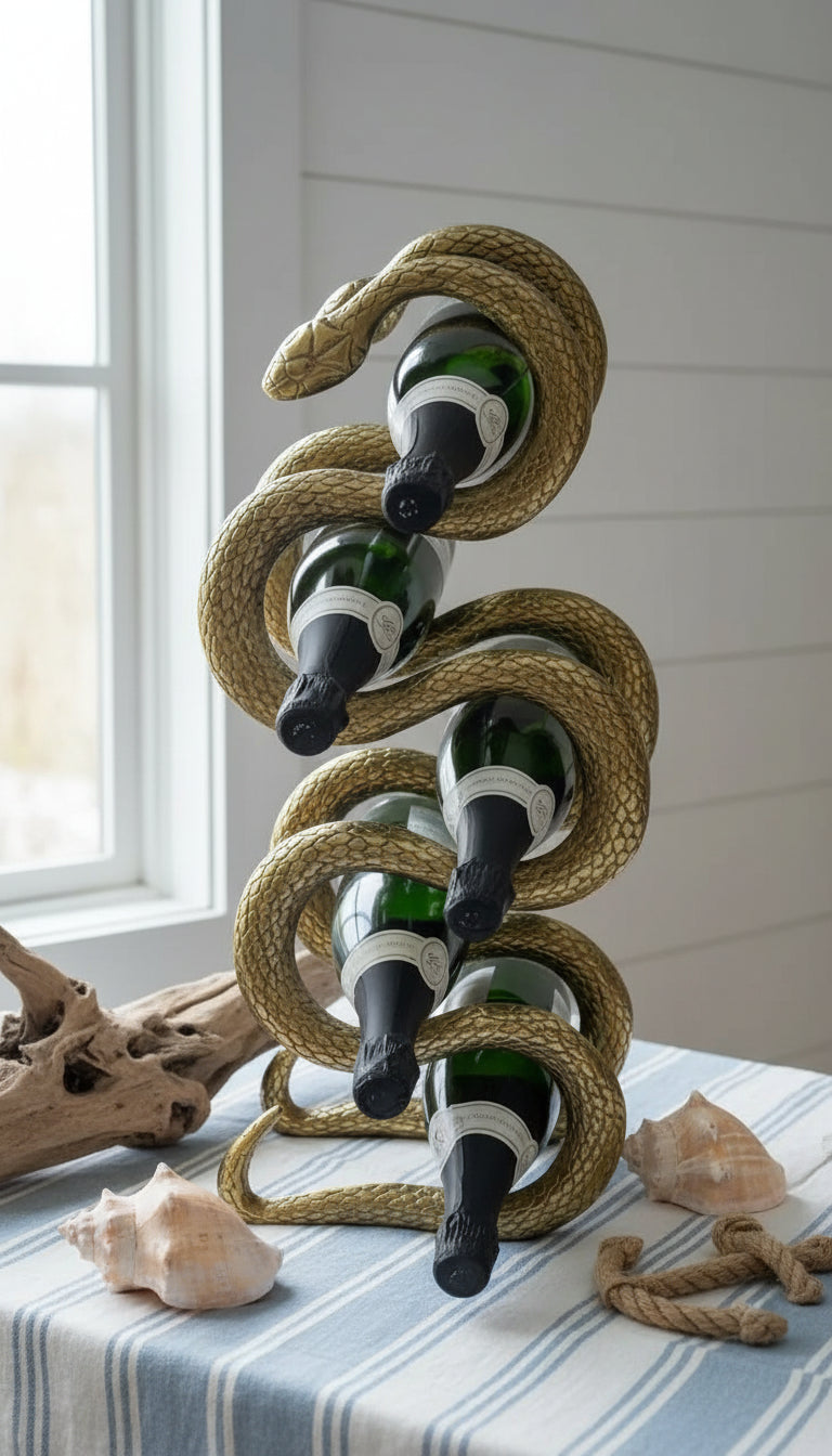 Wine bottle holder shaped like a snake with bottles inside on a white background