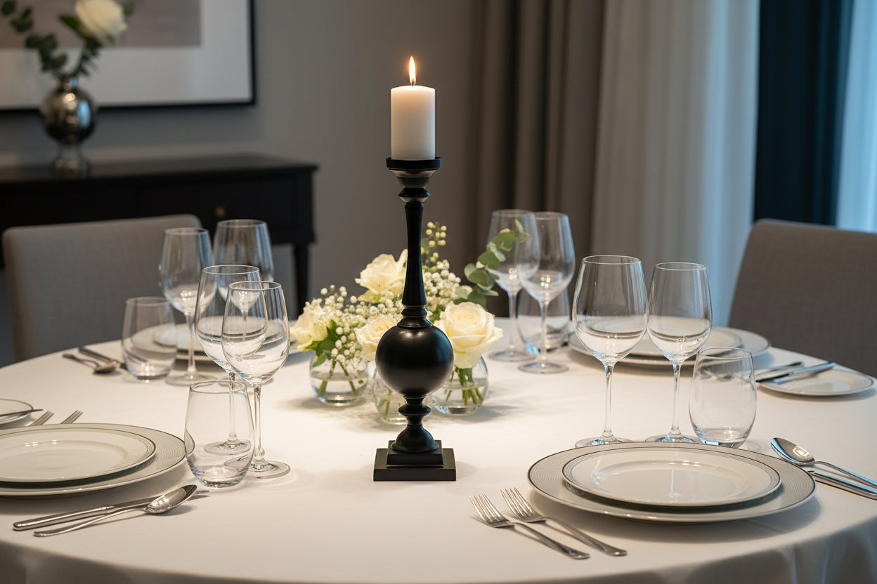 Black candle holder with a white candle on a gray background