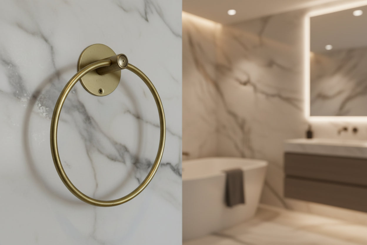 Gold towel ring on a gray background