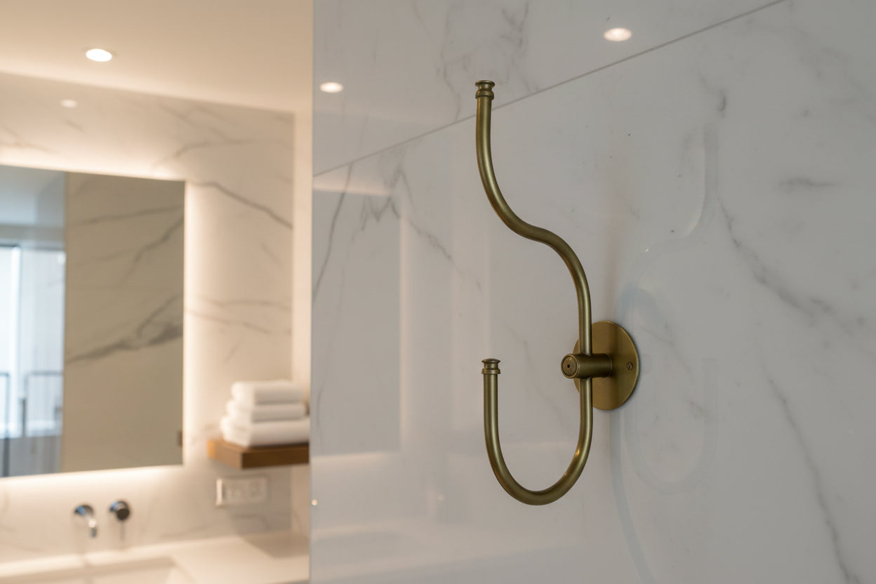 Bronze towel hook on a white wall