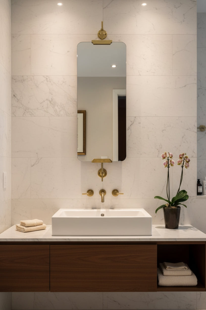 Rectangular mirror with gold frame and brackets on a plain background