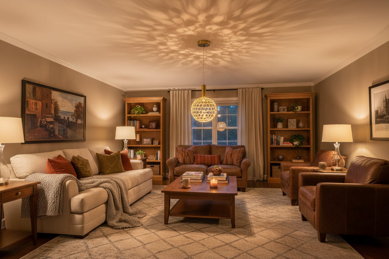Gold pendant light with intricate design on a black background