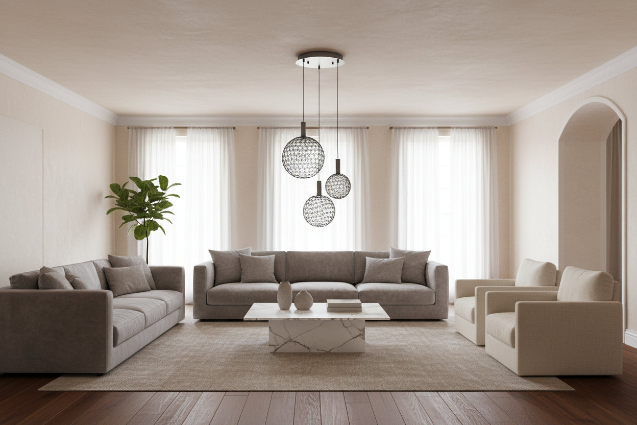 Modern pendant light with three spherical black lampshades on a black background
