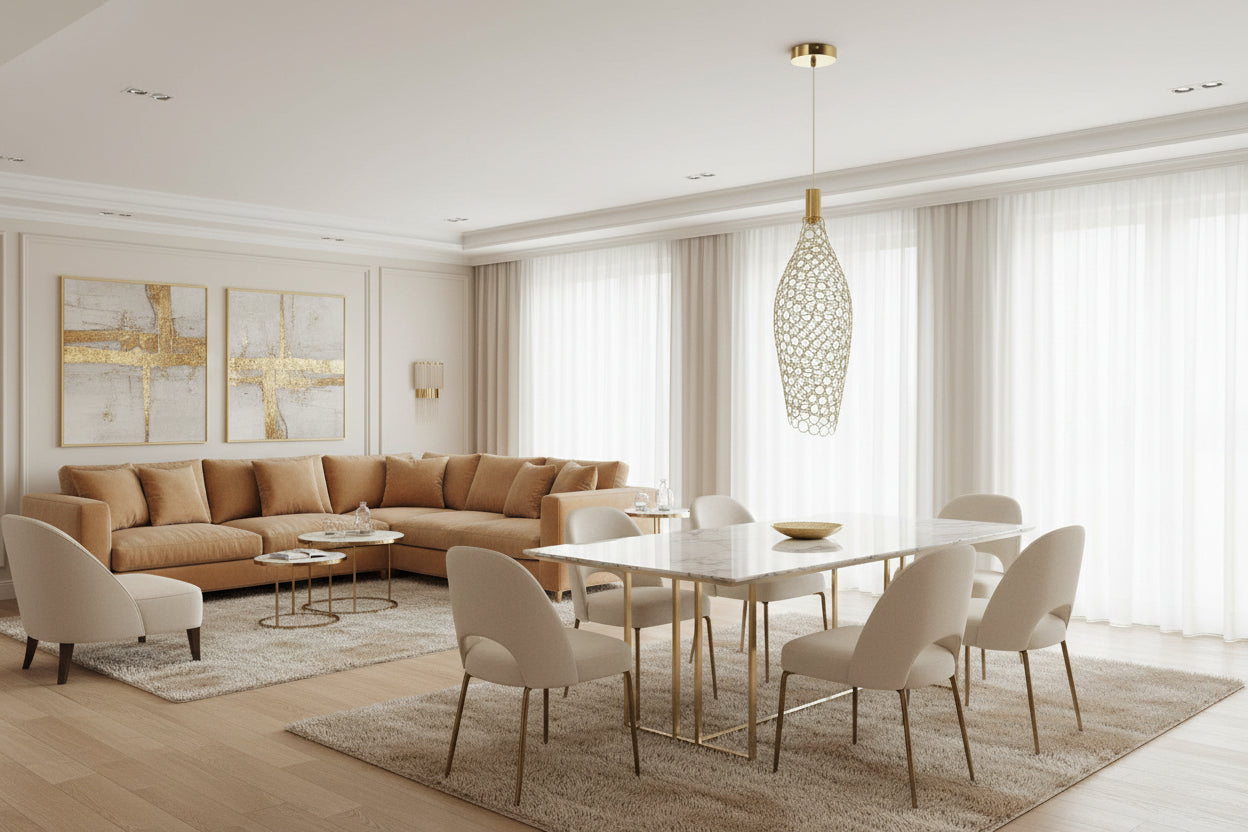 Gold pendant light with intricate design on a black background