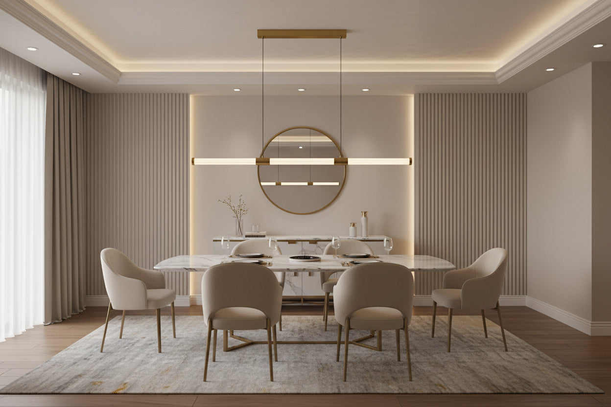 Modern pendant light with gold accents on a black background