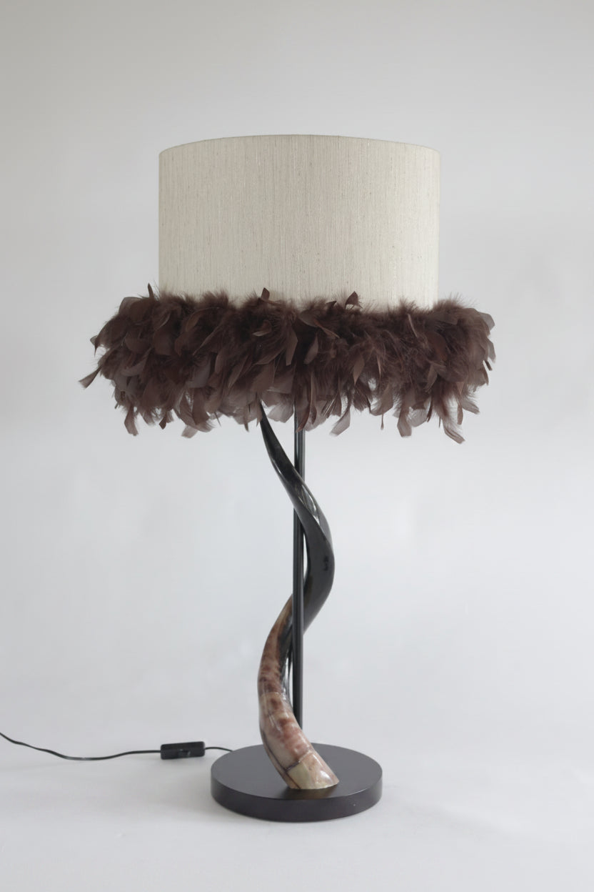 Black Polished Kudu Horn Lamp with Silk Boa Shade