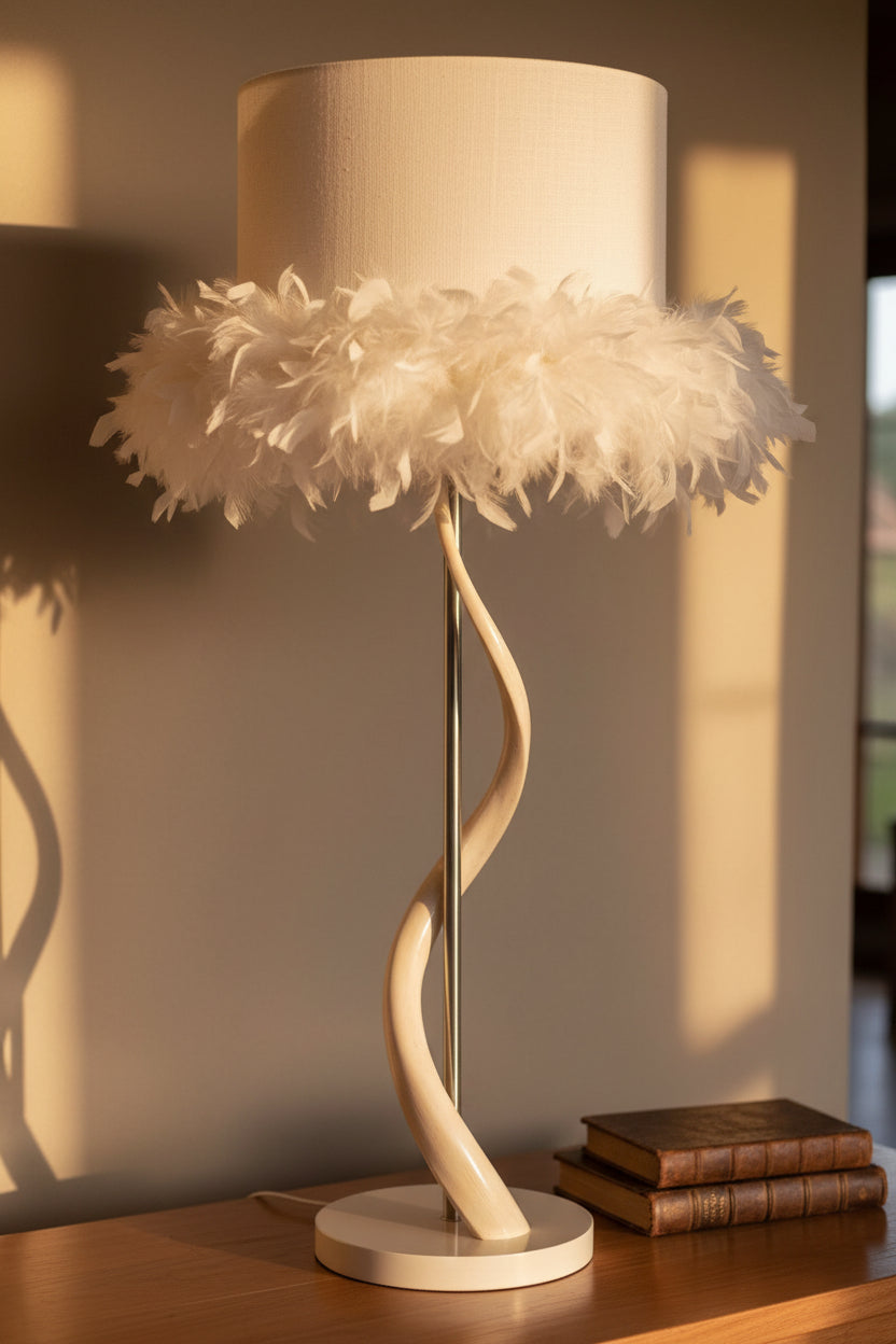 Silk Drum with Boa LAMP SHADE AND KUDU INNER HORN - NetDécor