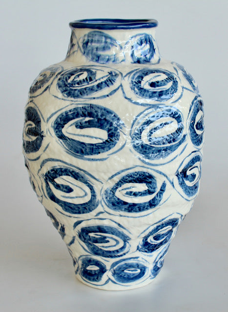 Large Blue Swirl Dot Ceramic Vase