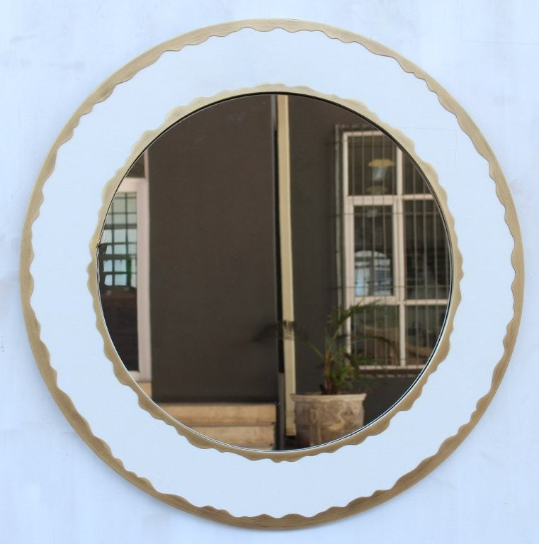 LARGE GOLD METAL MIRROR WITH WHITE LEATHER DETAIL