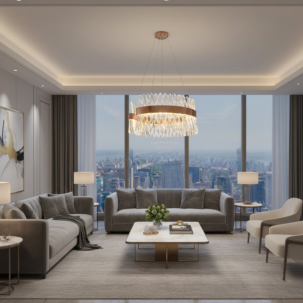 Chandelier with crystal accents and gold finish on a black background